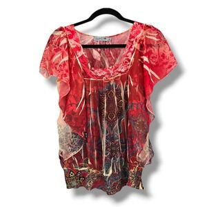 Unity World Wear Petite Blouse Top Women's Floral Red Ruffle Sleeve‎